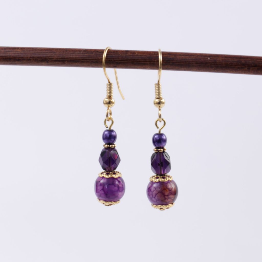 Crackle Agate Dyed Purple w Czech Beads Earrings