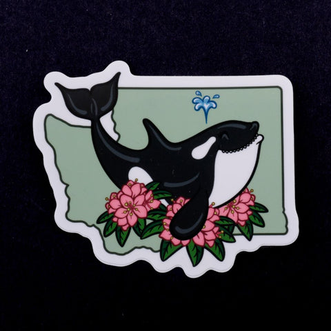 Washington State Orca Whale and PNW Coast Rhododendron Sticker