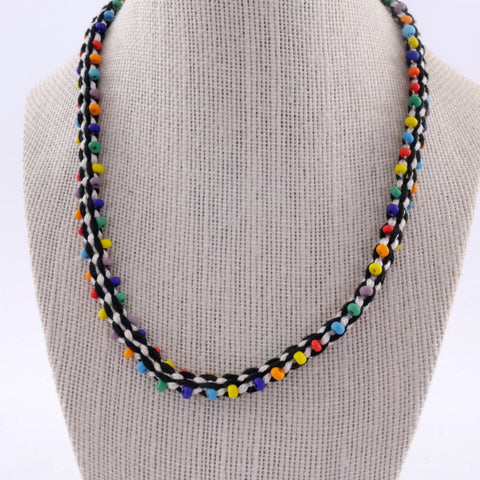 Kumihimo Braided Necklace Natural and Black with Rainbow Beads
