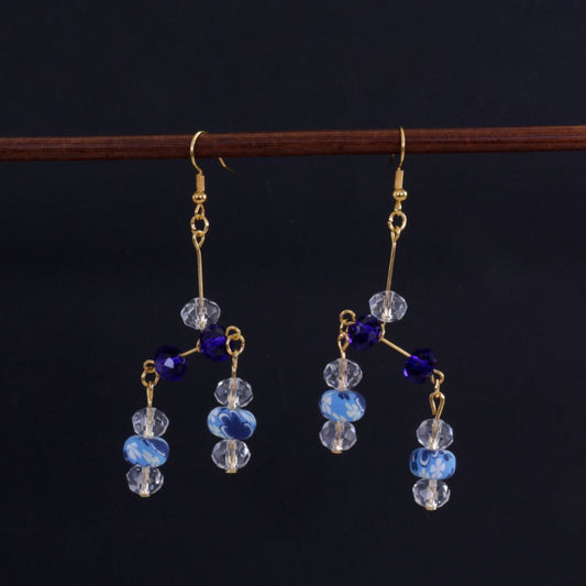 Abstract Bead Earrings Blue & Crystal Dangles