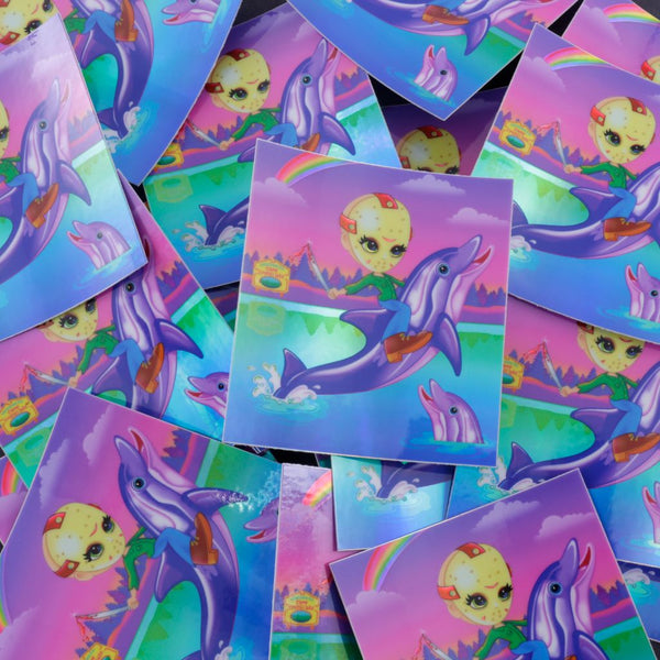 Neon 90's Horror Dolphins - shiny holographic sticker!