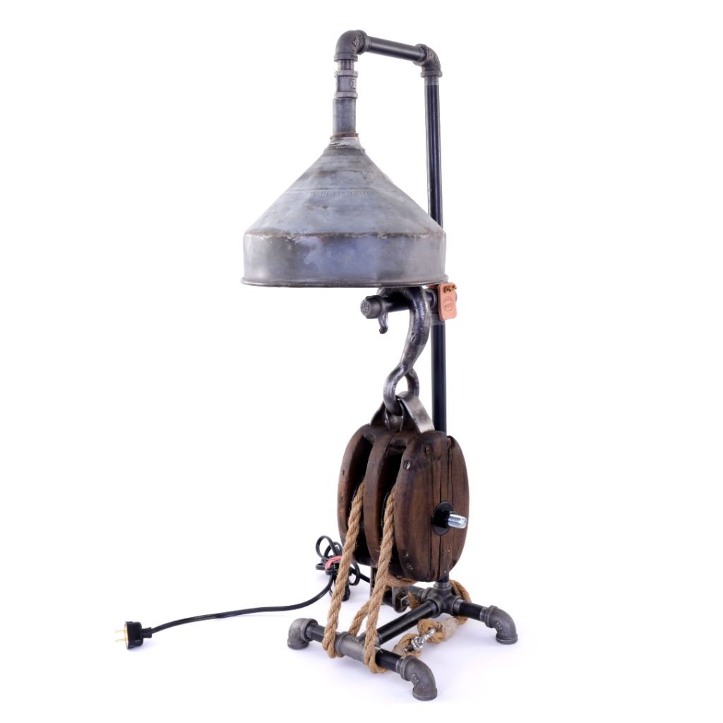 Upcycled Pipe, Vintage Wood Pulley & Rope Lamp - PICK UP ONLY