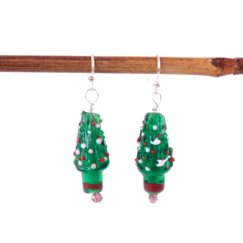 Green Christmas Tree Holiday Earrings with Lampwork Beads