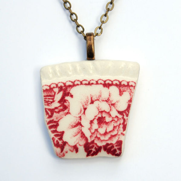 Red Floral Upcycled Ceramic Necklace