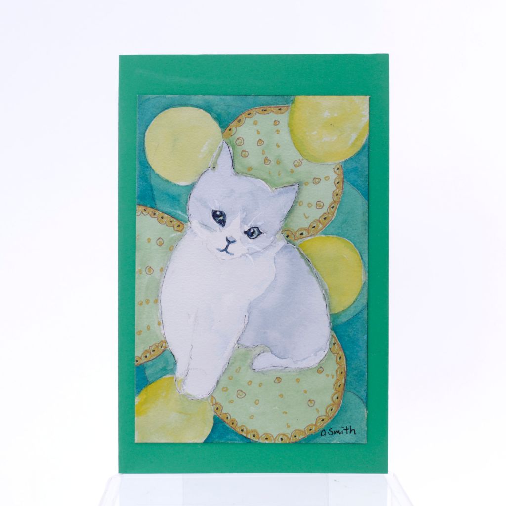 Cat on Circles Original Watercolor Greeting Card