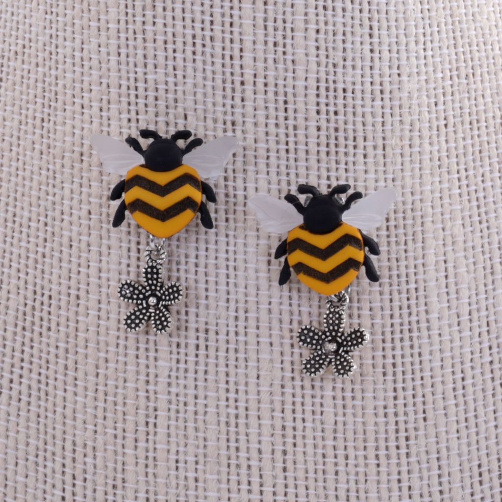 Bee Button Stud Earrings with Silver Flower