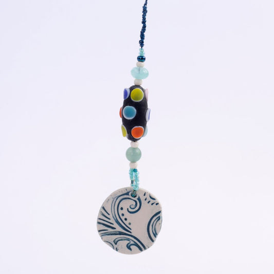 Blue Swirl Porcelain Charm w Glass Bead Goddess Bauble Hanging