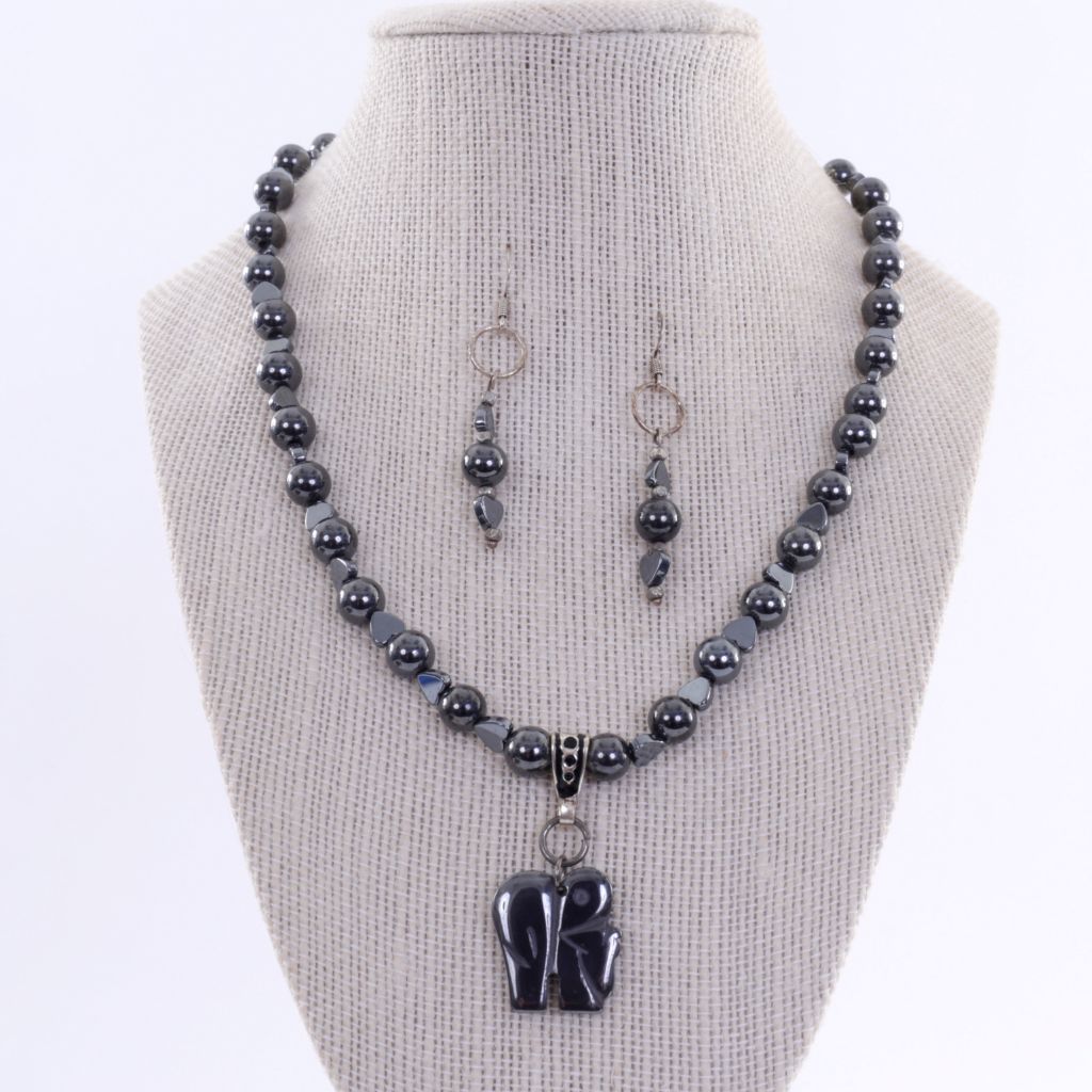 Hematite Necklace and Earring Set with Elephant