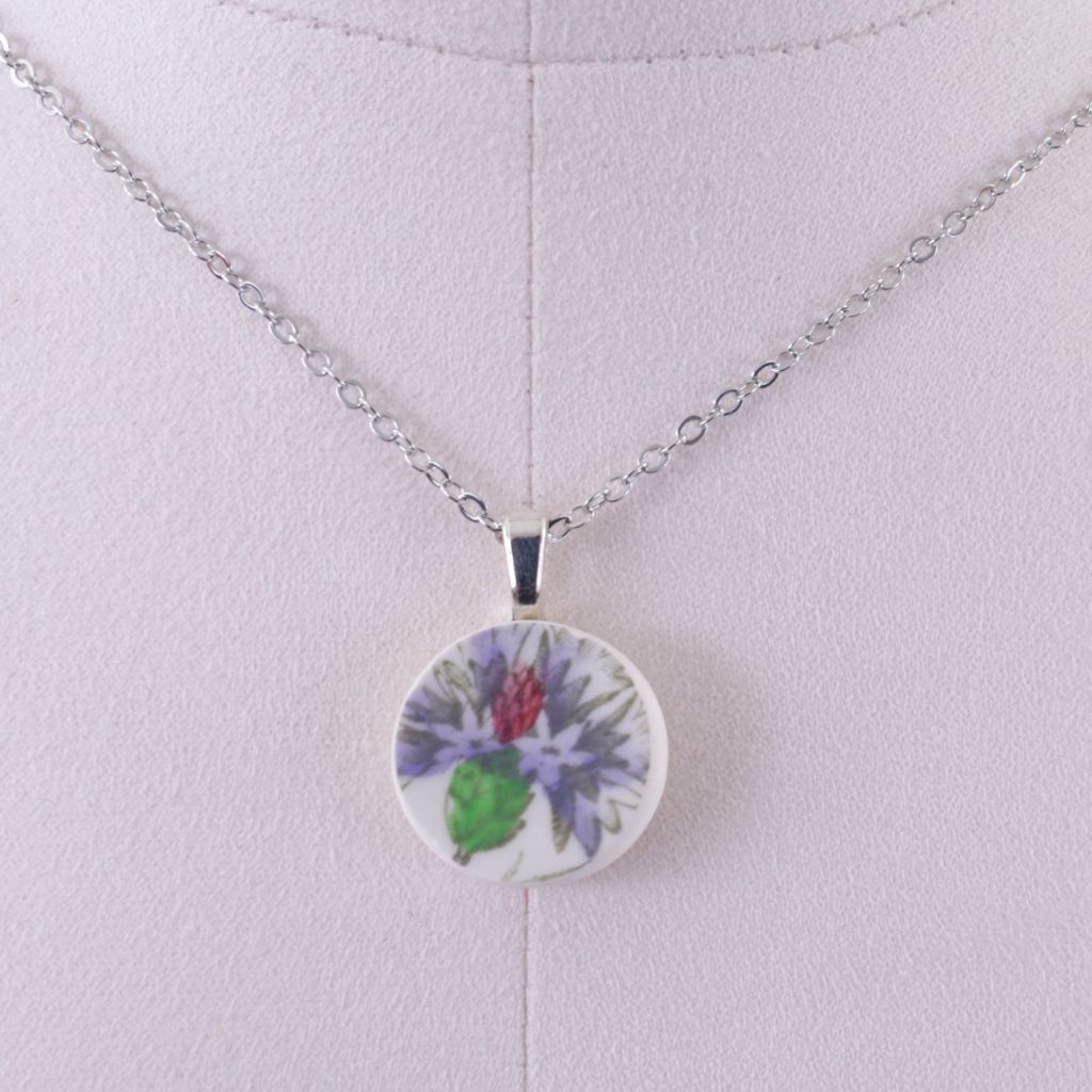 Upcycled Floral Ceramic Transferware Pendant Necklace