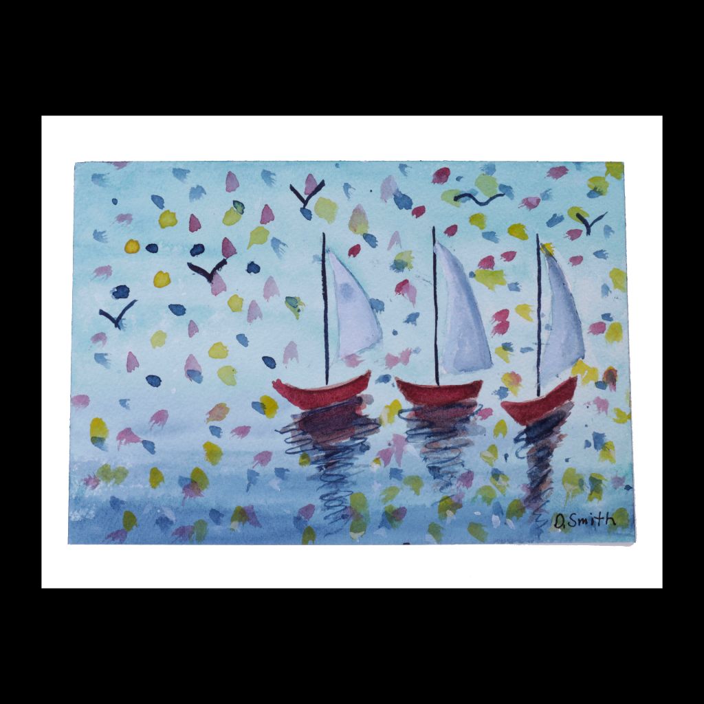 Three Red Boats Original Watercolor Greeting Card